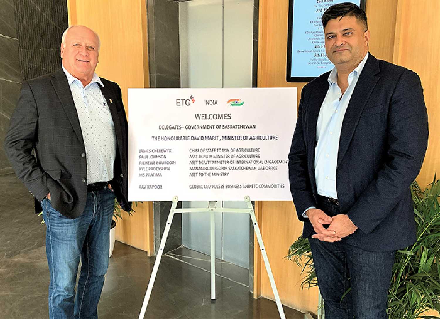 Saskatchewan’s Minister of Agriculture David Marit with Global CEO of ETG Commodities Rav Kapoor, during his trade mission in India from Feb. 13 to 22. ETG Commodities has six facilities located in Saskatchewan, and is one of the largest importers and processors of pulses in India.